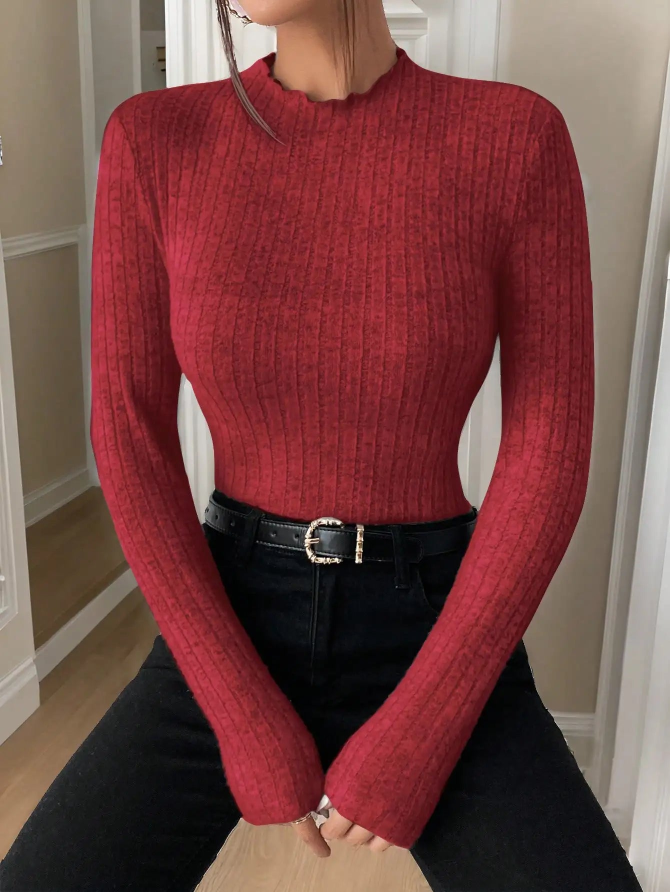 Fashion Slim Ruffle Neck Knit