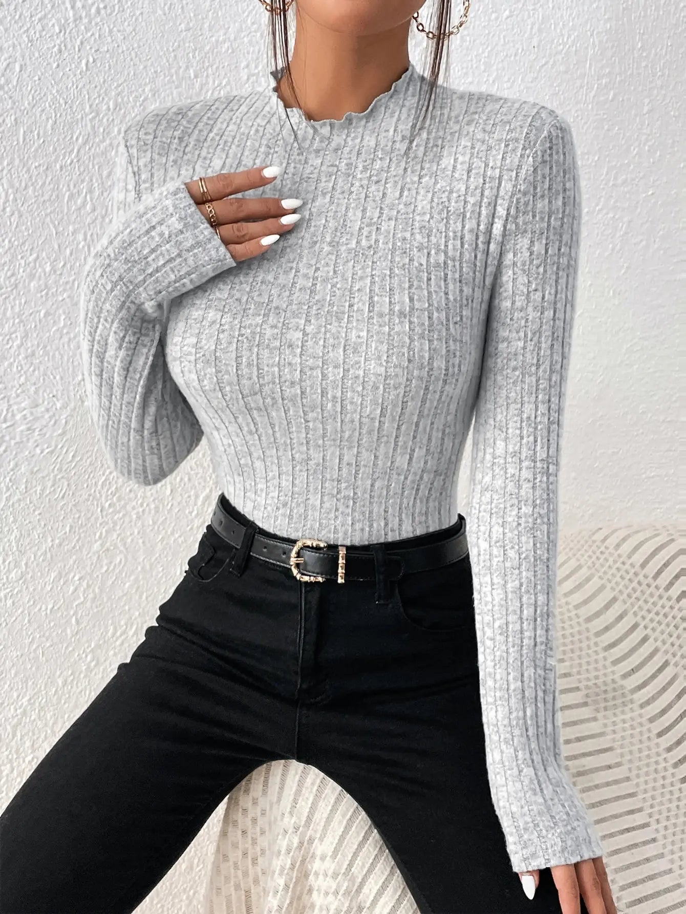 Fashion Slim Ruffle Neck Knit