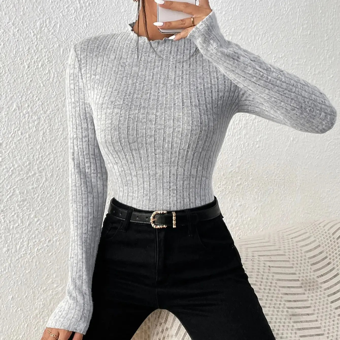 Fashion Slim Ruffle Neck Knit