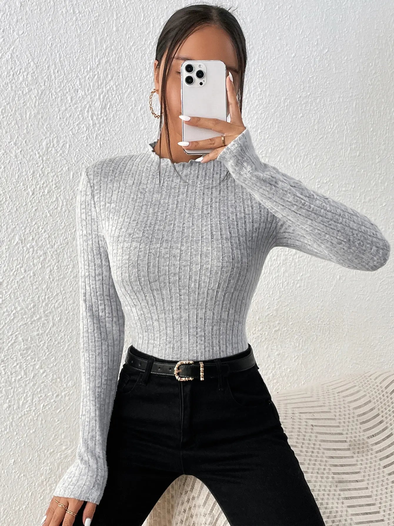 Fashion Slim Ruffle Neck Knit