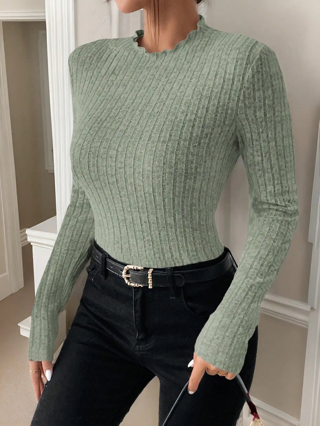 Fashion Slim Ruffle Neck Knit