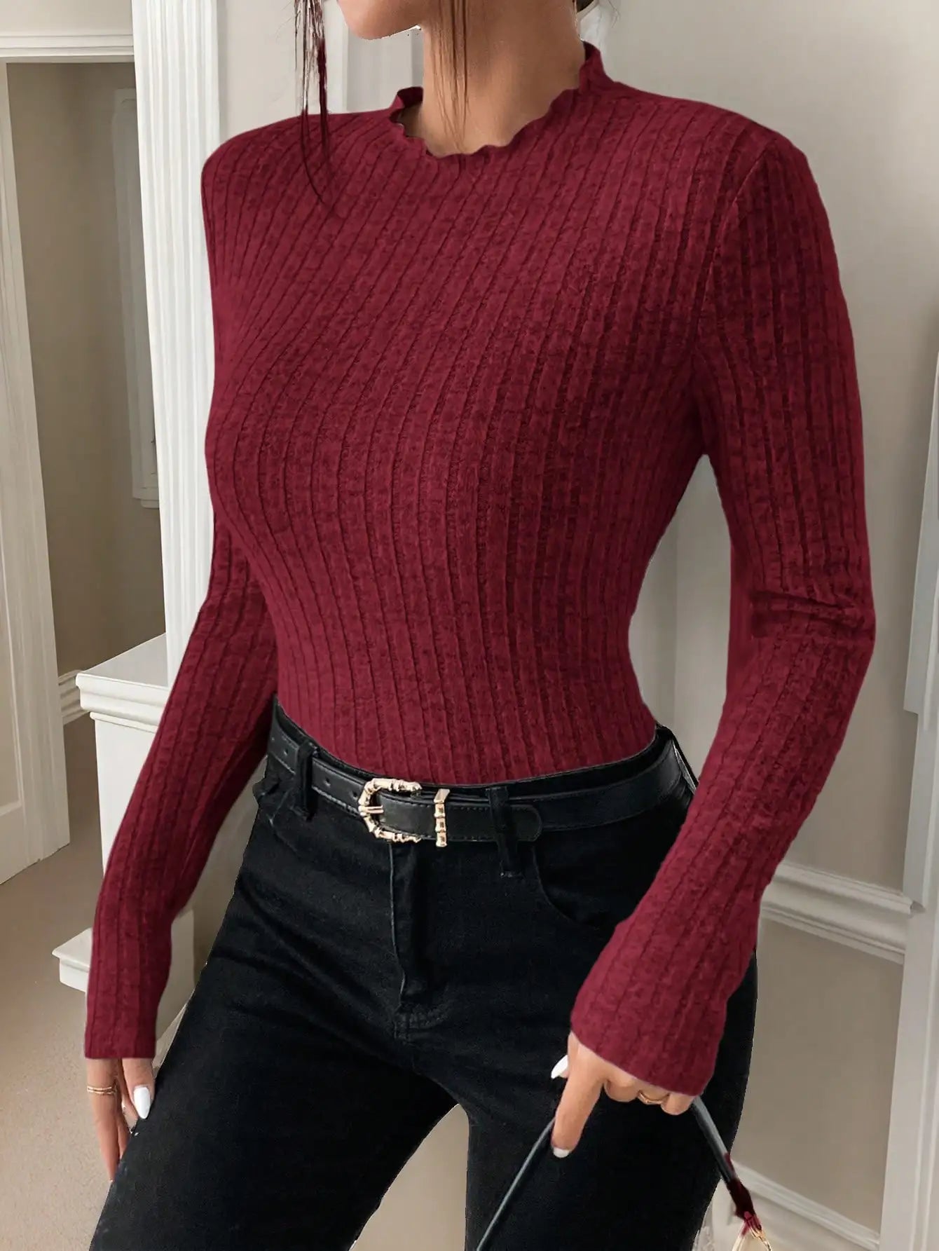 Fashion Slim Ruffle Neck Knit