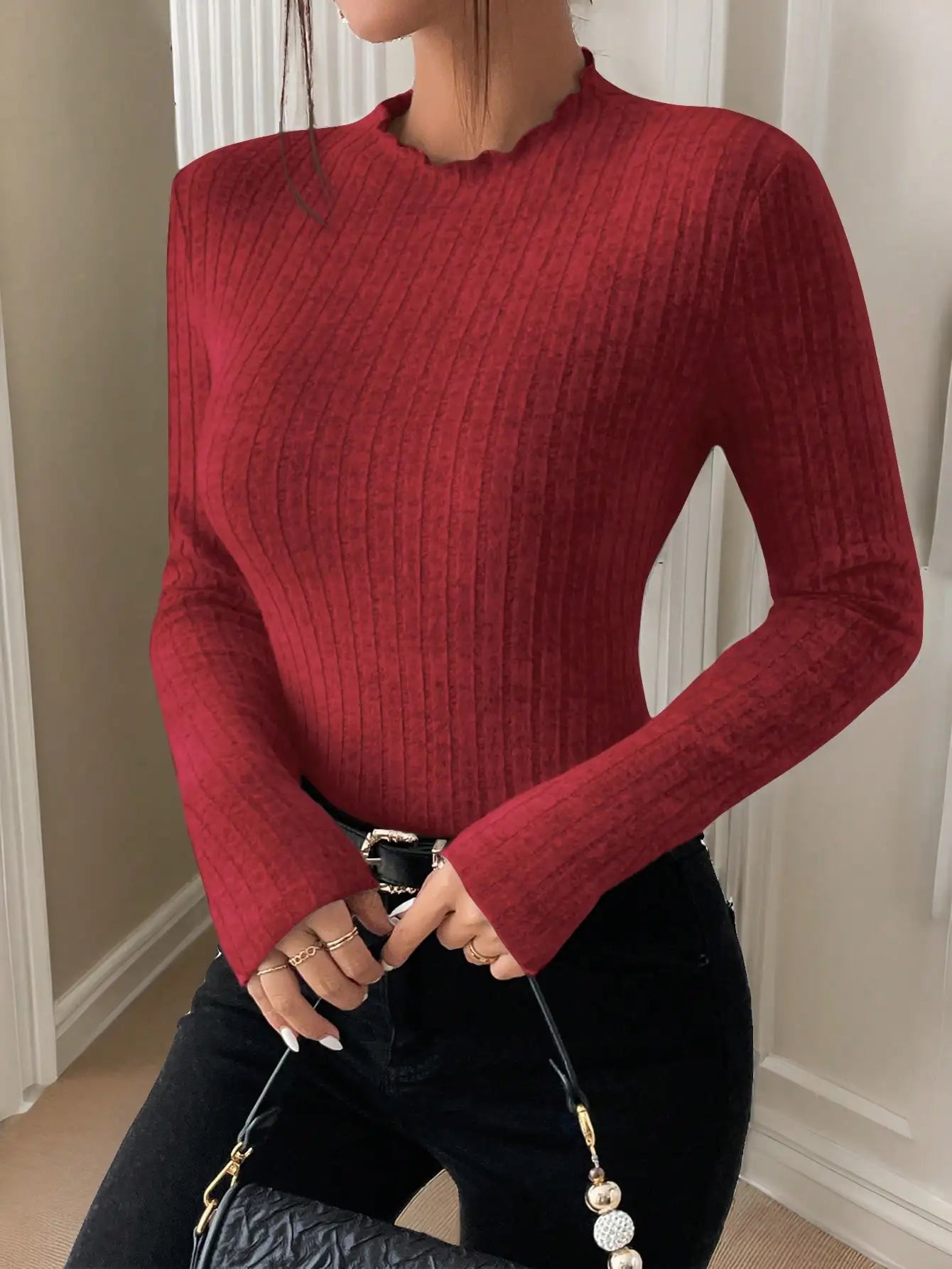 Fashion Slim Ruffle Neck Knit