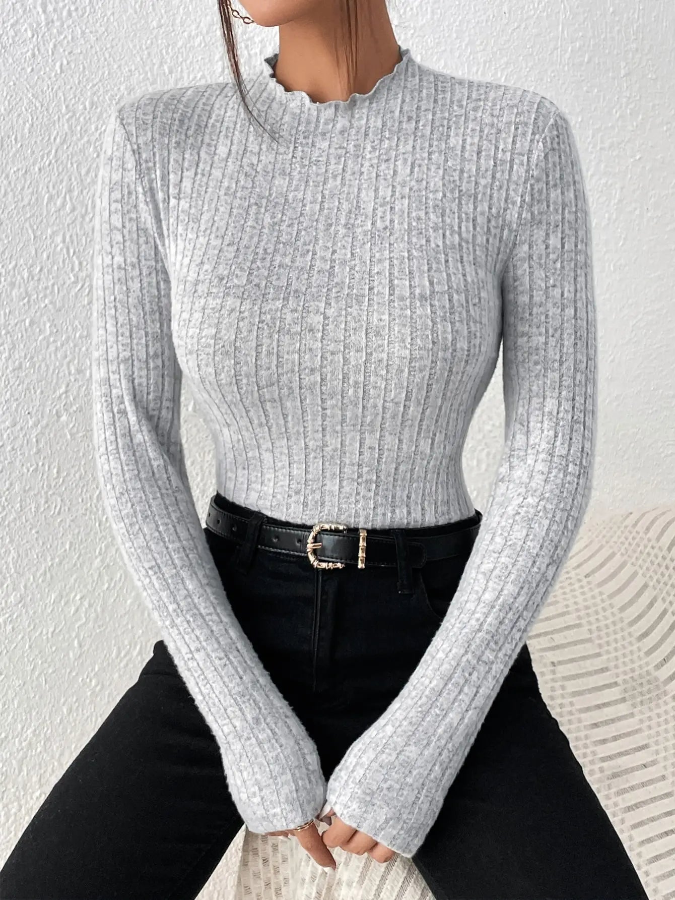 Fashion Slim Ruffle Neck Knit